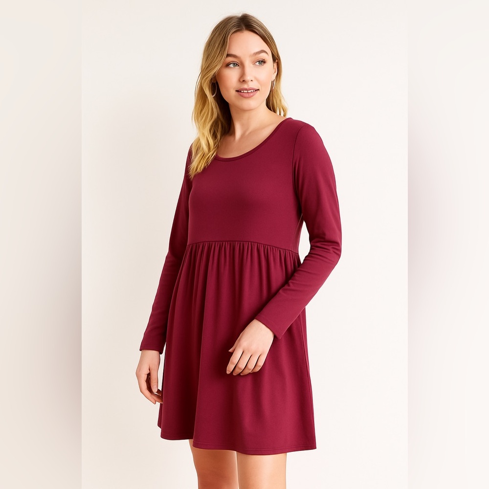 LONGYUAN Longsleeve Súper soft Casual Red wine Dress with side pockets | Size L